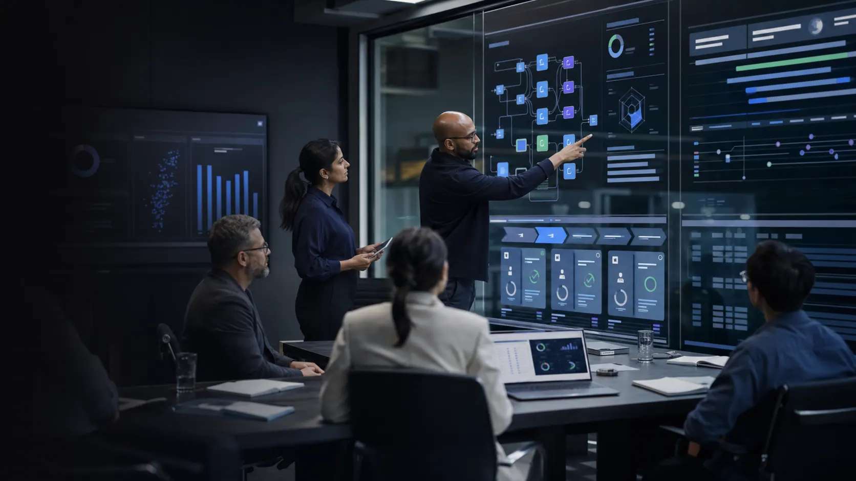 Enterprise AI team reviewing agent workflows, prototype dashboards, and responsible AI controls.