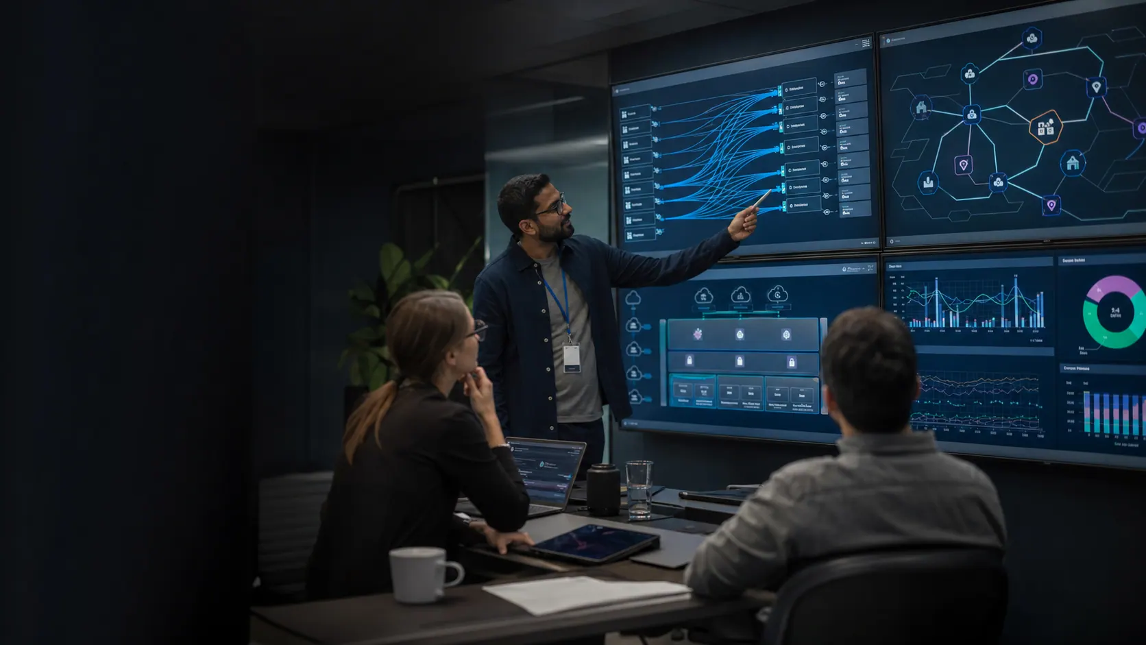 Cloud modernization team reviewing migration waves, landing zones, and deployment pipelines.