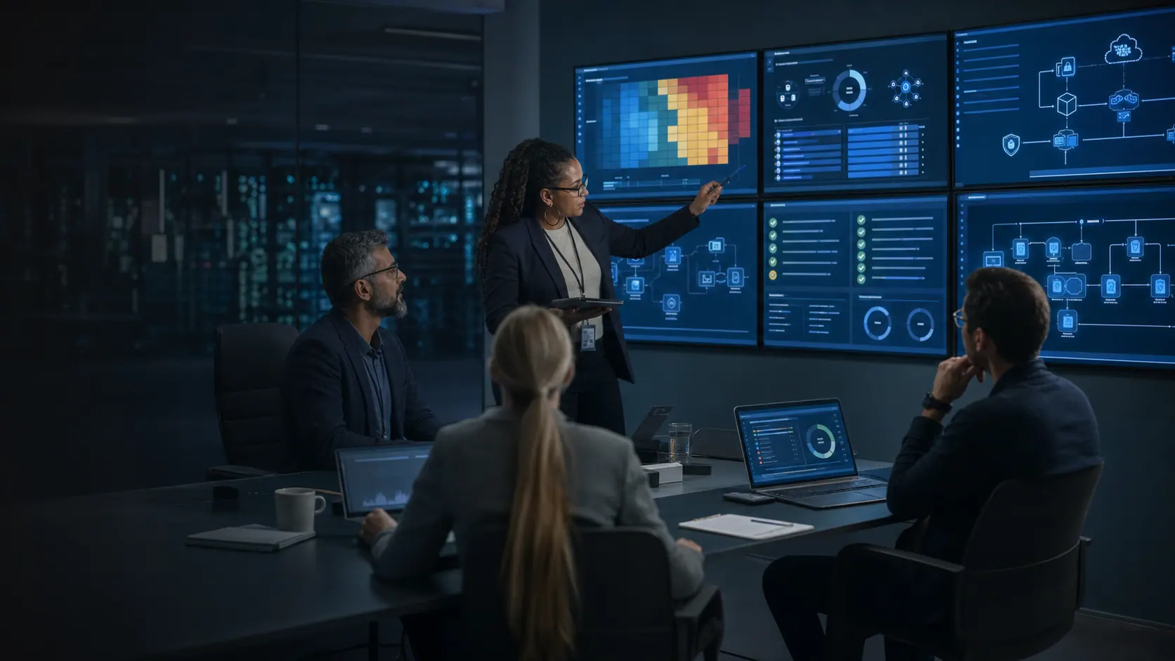 Security and compliance leaders reviewing risk, control evidence, and secure architecture dashboards.