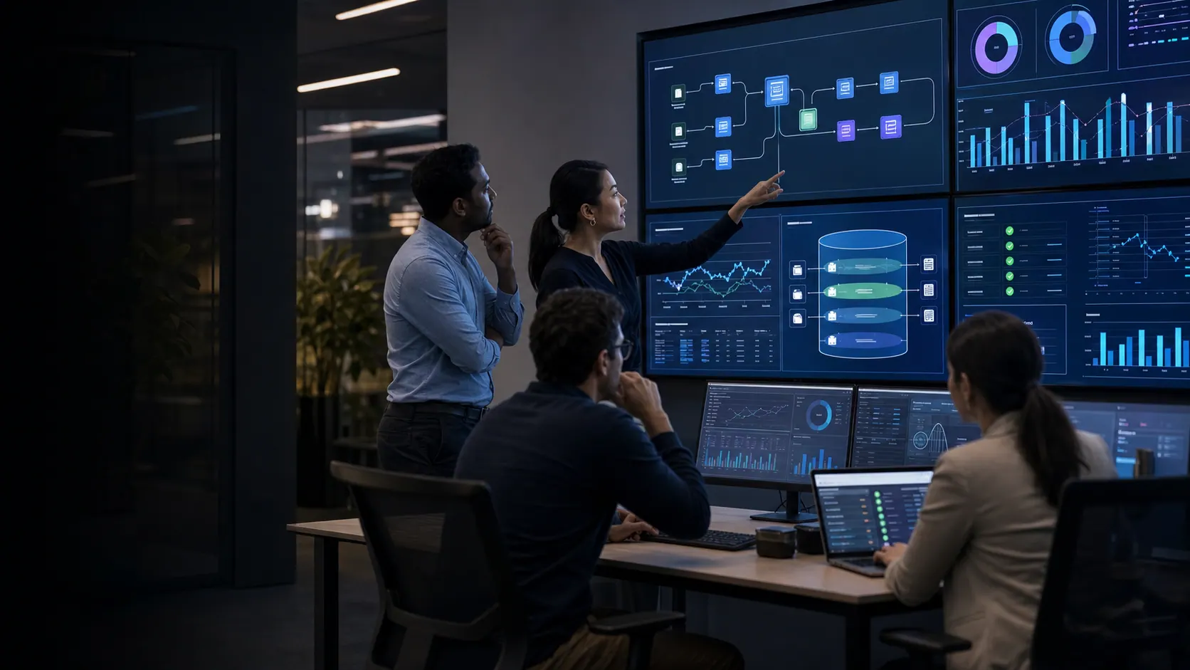 Data engineering and analytics team reviewing trusted manufacturing performance dashboards.