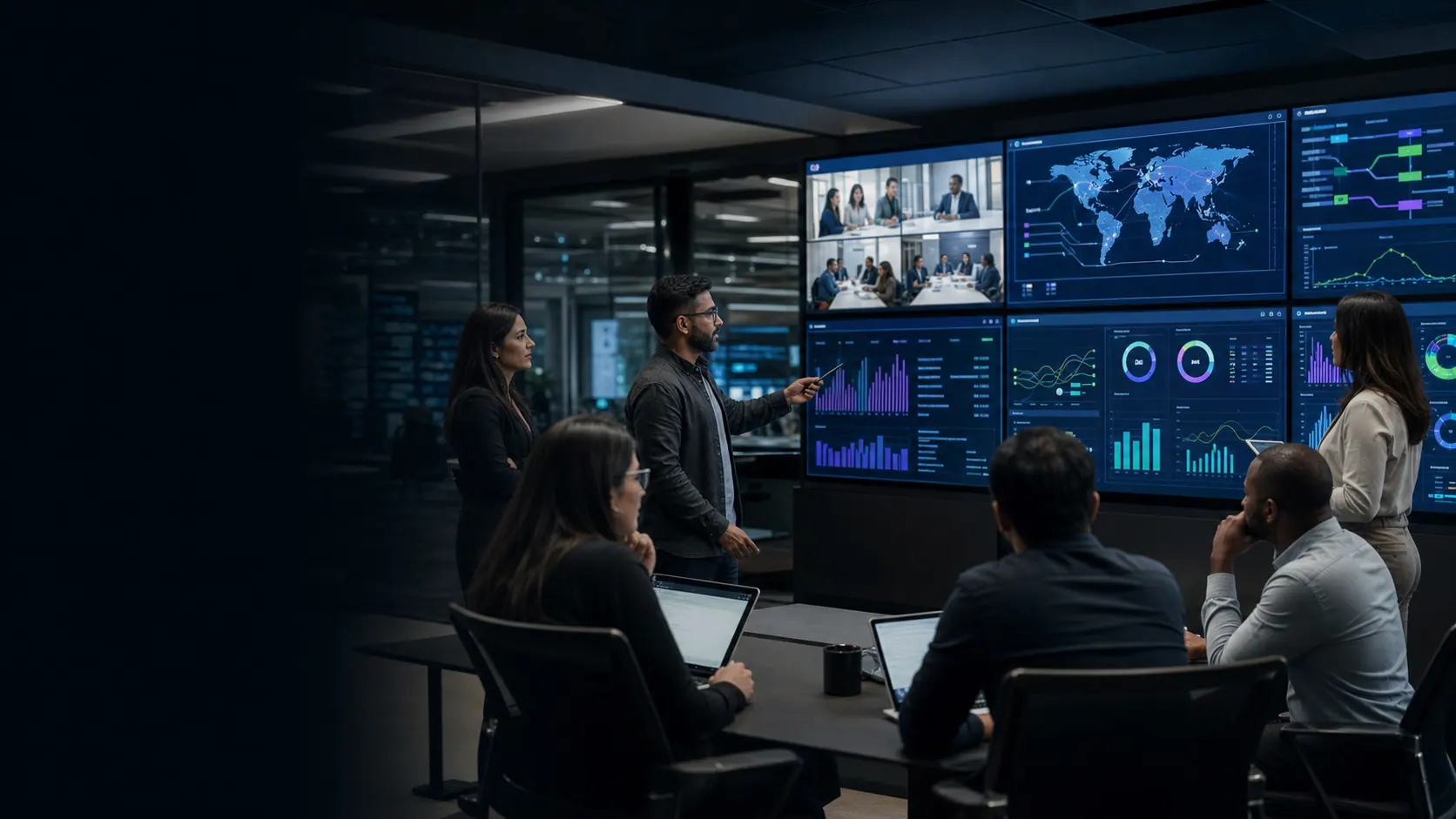 Global delivery team coordinating distributed teams, quality metrics, and project status dashboards.