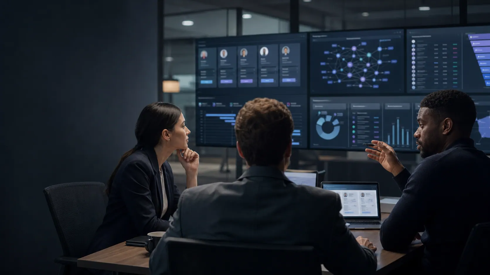 Recruiting team reviewing AI candidate matching and hiring workflow dashboards.