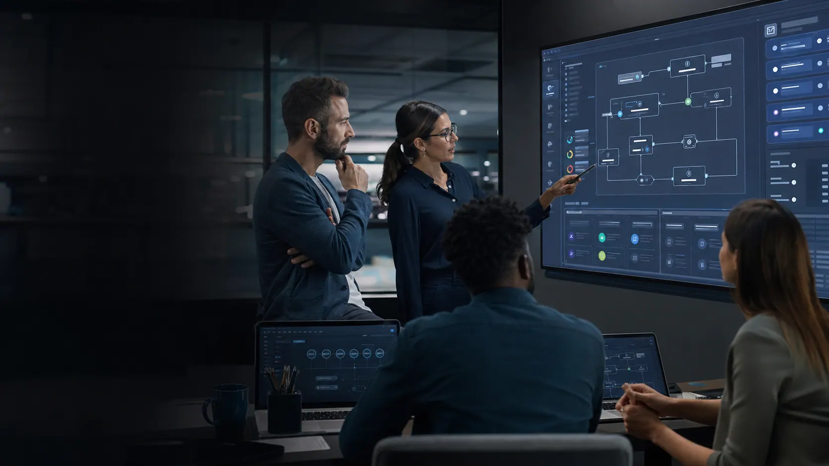 Automation team building a governed low-code workflow with connected process components.